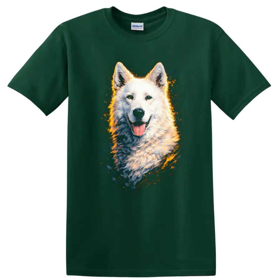 White Dog Portrait Splash Art T Shirt for Dog Lovers on a Forest Green T Shirt