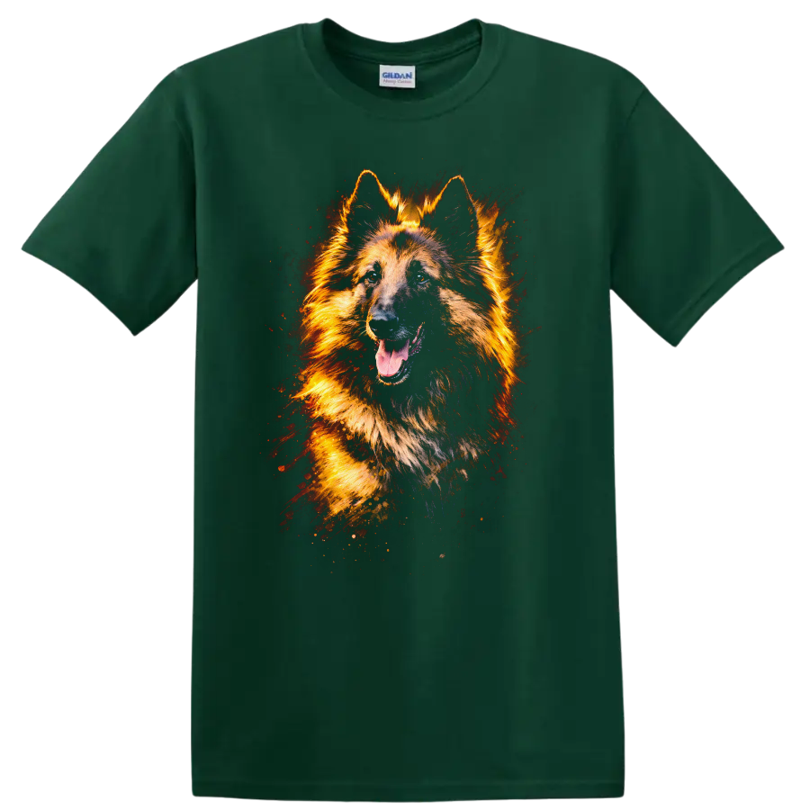 German Shepherd Dog Art T Shirt Fiery Color Splash Pet Lover Tee on a Forest Green T Shirt