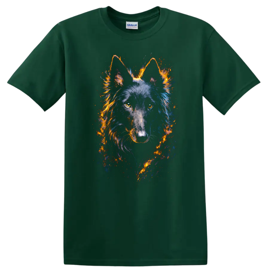 Fiery Wolf Portrait Neon Style Dog Lover T Shirt on a Forest Green T Shirt