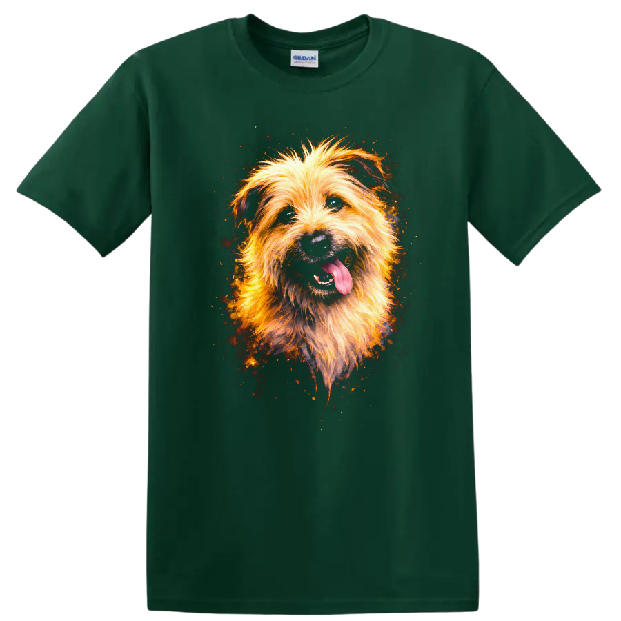 Fluffy Dog Portrait T Shirt Vibrant Splash Art Pet Lover Gift on a Forest Green T Shirt