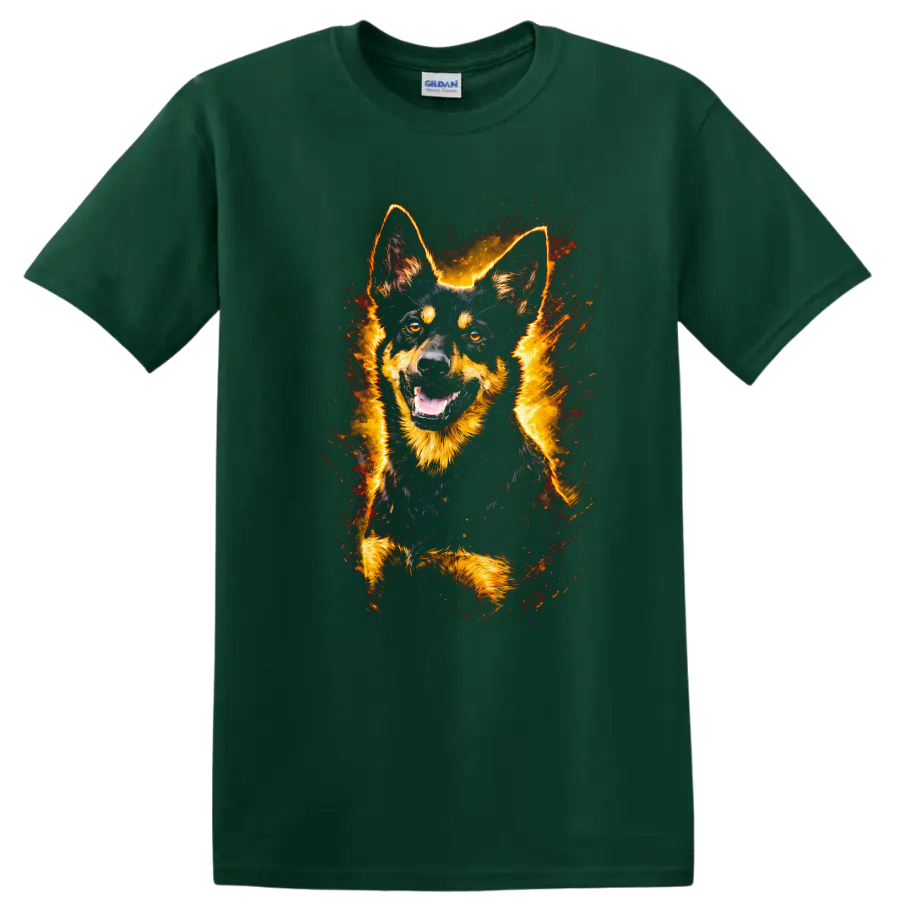 German Shepherd Fire Burst Portrait T Shirt for Dog Lovers on a Forest Green T Shirt