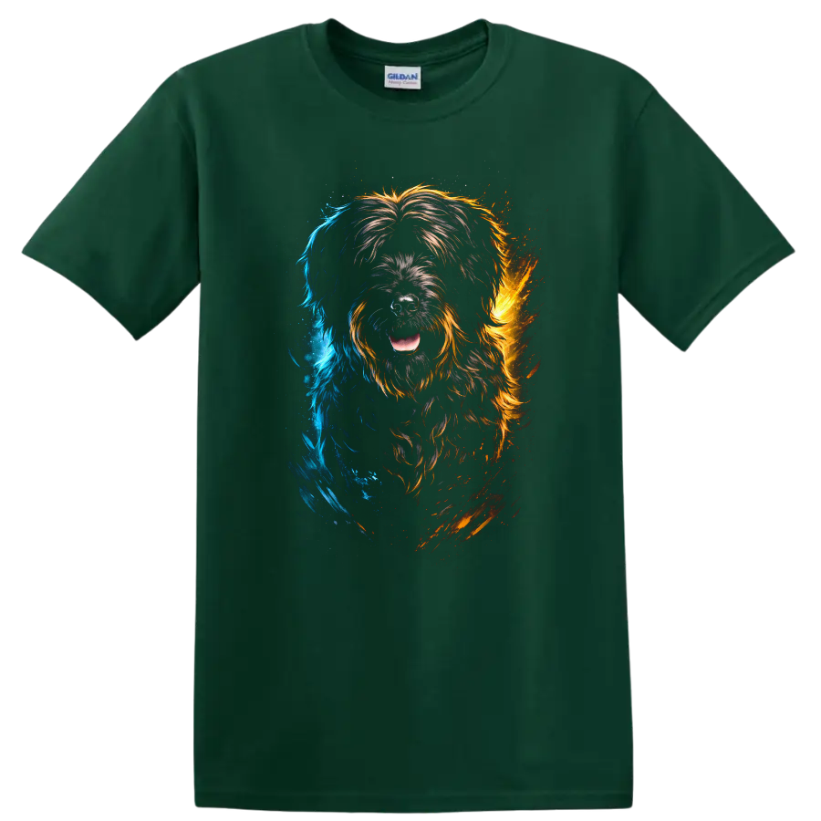 Color Splash Shaggy Dog Breed Portrait T Shirt for Dog Lovers on a Forest Green T Shirt