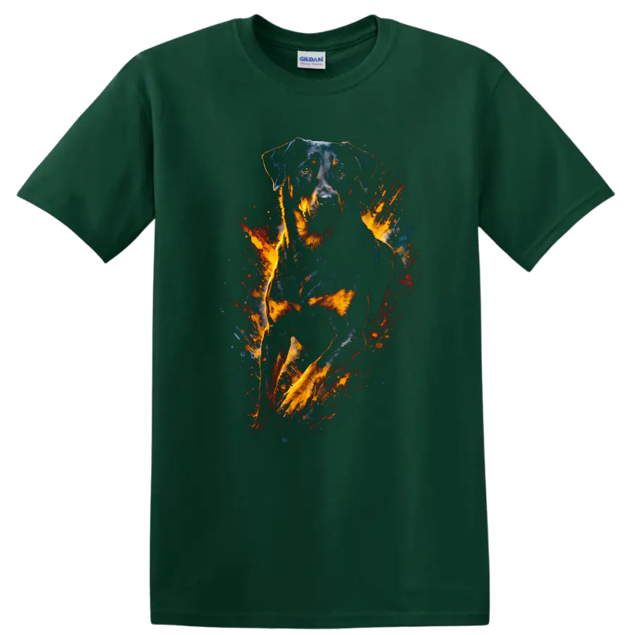 Rottweiler Fire Splash Art T Shirt Bold Dog Breed Graphic Tee on a Forest Green T Shirt