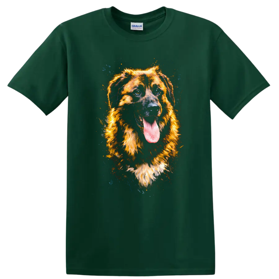 Golden Shepherd Dog Splash Art Portrait T-Shirt for Dog Lovers on a Forest Green T Shirt