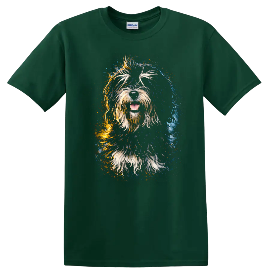 Colorful Shaggy Dog Portrait T Shirt Vibrant Splash Art for Dog Lovers on a Forest Green T Shirt