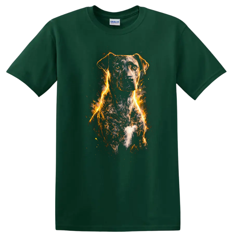 Fiery Dog Portrait T Shirt, Flame Outline Pet Lover Graphic Tee on a Forest Green T Shirt
