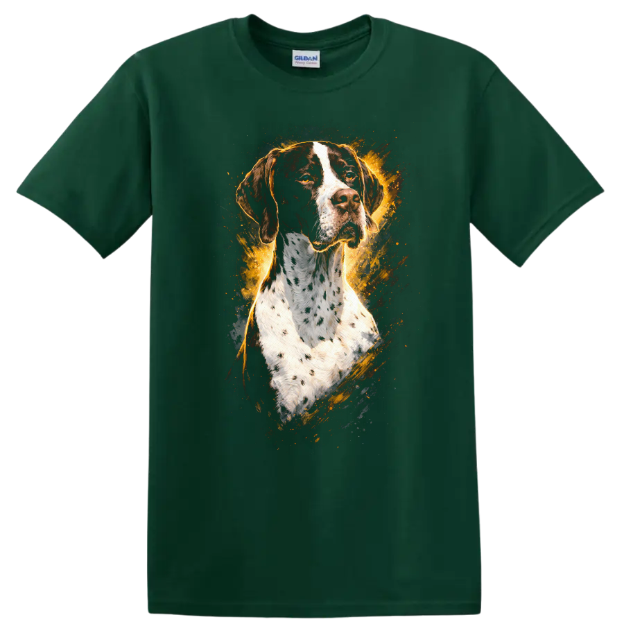 German Shorthaired Pointer Dog Portrait T Shirt Vintage Splash Art on a Forest Green T Shirt