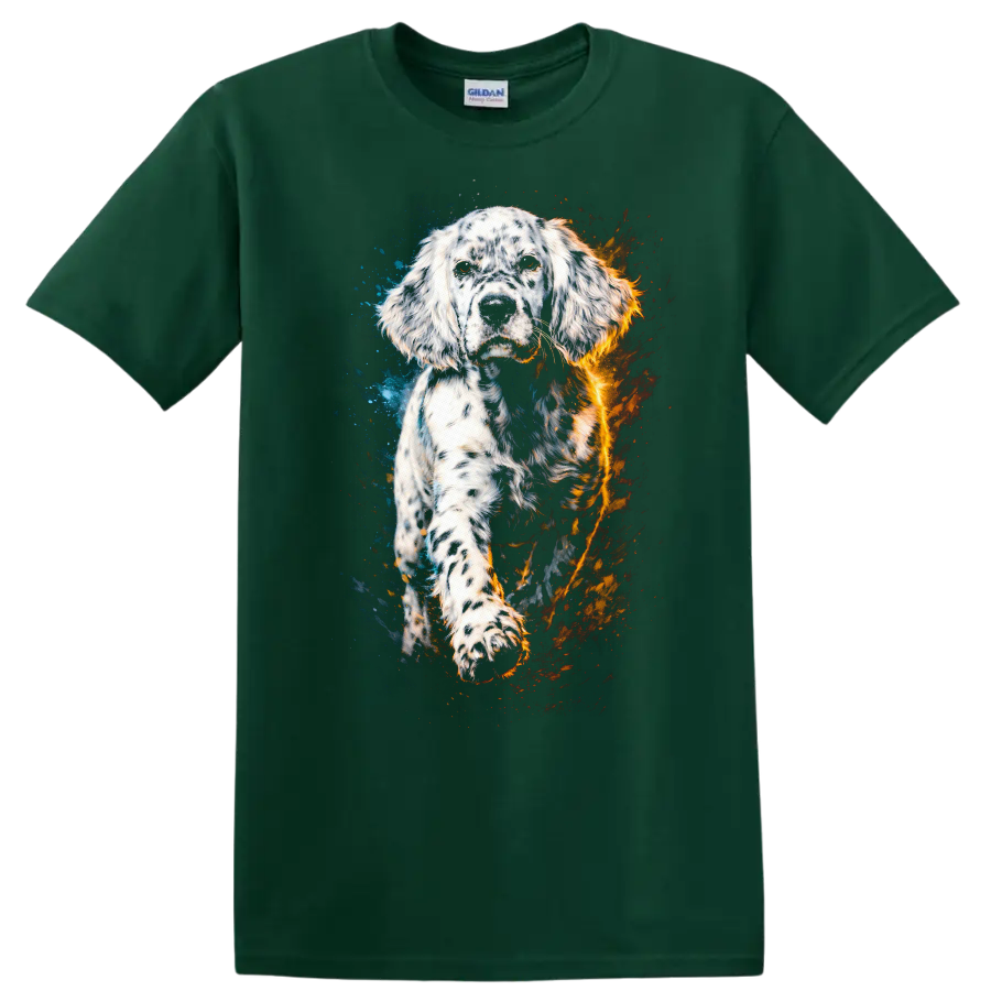 English Setter Watercolor Dog Portrait T Shirt Blue and Orange Splash - Forest Green