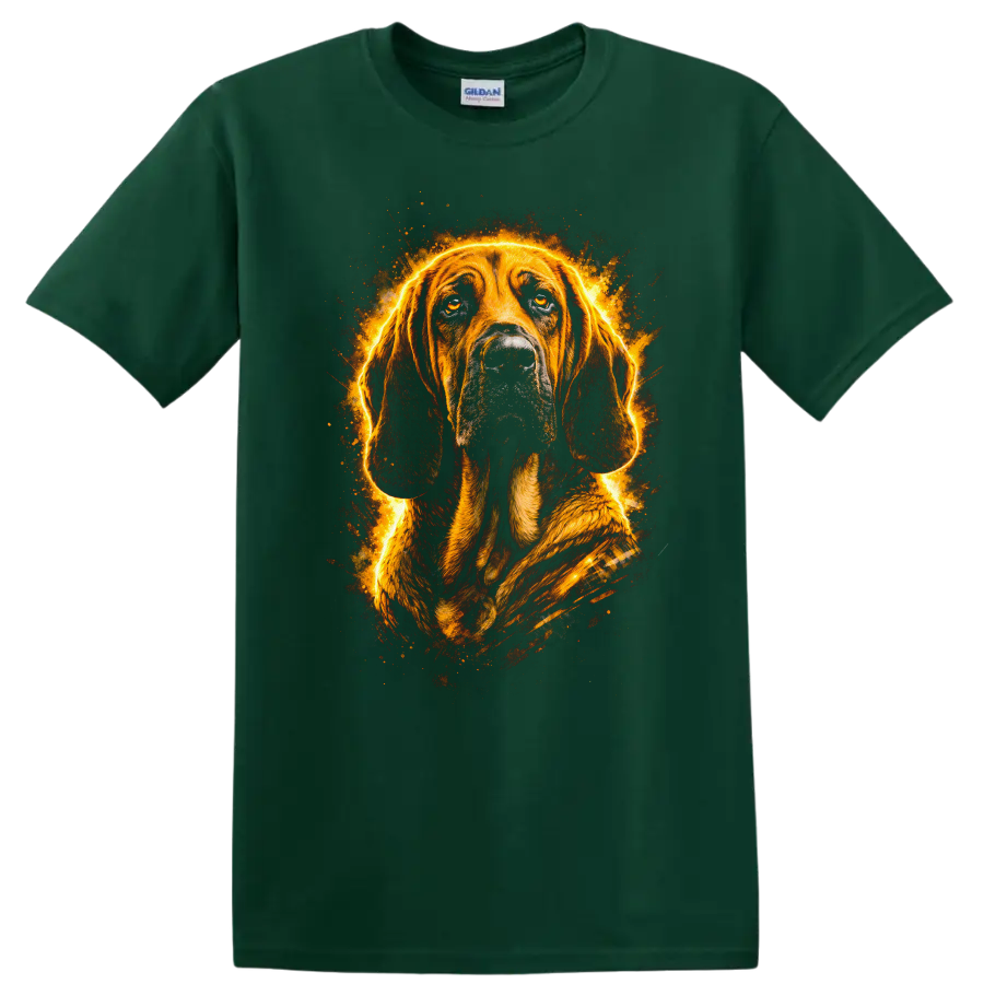 Basset Hound Glowing Fire Portrait T Shirt for Dog Lovers on a Forest Green T Shirt