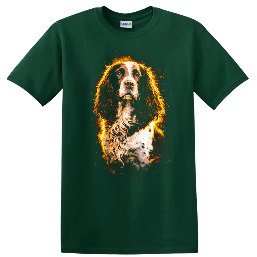 Flaming English Springer Spaniel Portrait T Shirt for Dog Lovers - Forest Green