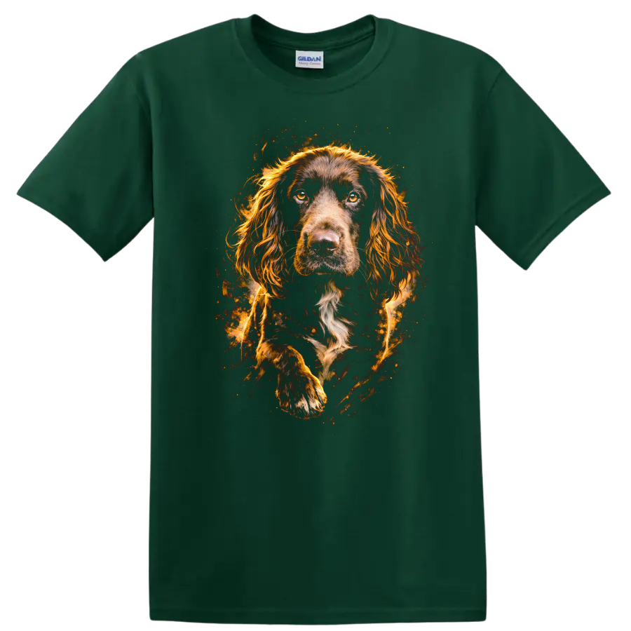 Flame Spaniel Portrait T Shirt for Dog Lovers with Fiery Artistic Style - Forest Green