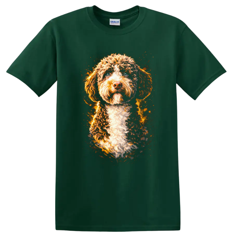 Curly Cockapoo Dog Portrait T Shirt Colorful Artistic Pet Lover Tee on a Forest Green T Shirt