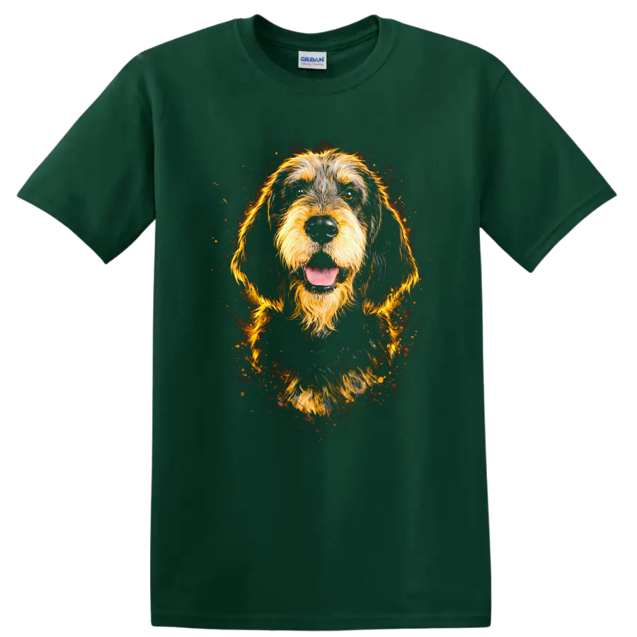 Golden Doodle Dog Portrait Fire Spark T Shirt on a Forest Green T Shirt