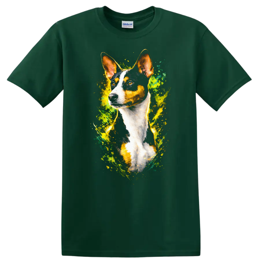 Colorful Basenji Dog Portrait Splash Art T Shirt for Dog Lovers on a Forest Green T Shirt