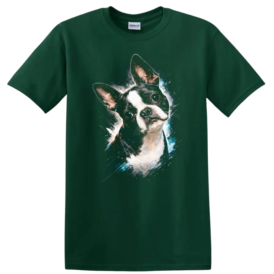 French Bulldog Splash Art T Shirt Colorful Dog Portrait Graphic on a Forest Green T Shirt