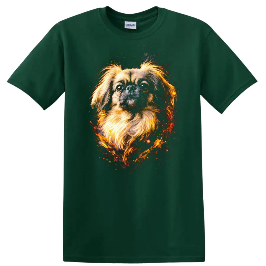 Fiery Pekingese Dog Portrait T Shirt Vibrant Watercolor Pet Lover on a Forest Green T Shirt