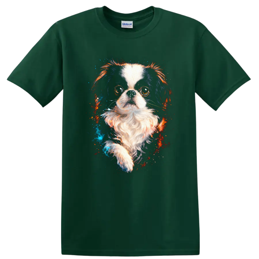 Colorful Cavalier King Charles Spaniel Dog Portrait T Shirt on a Forest Green T Shirt