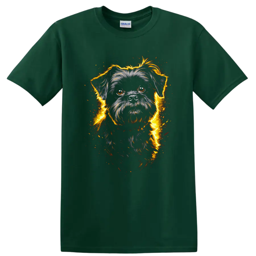 Fiery Black Shih Tzu Dog Portrait T Shirt for Pet Lovers on a Forest Green T Shirt