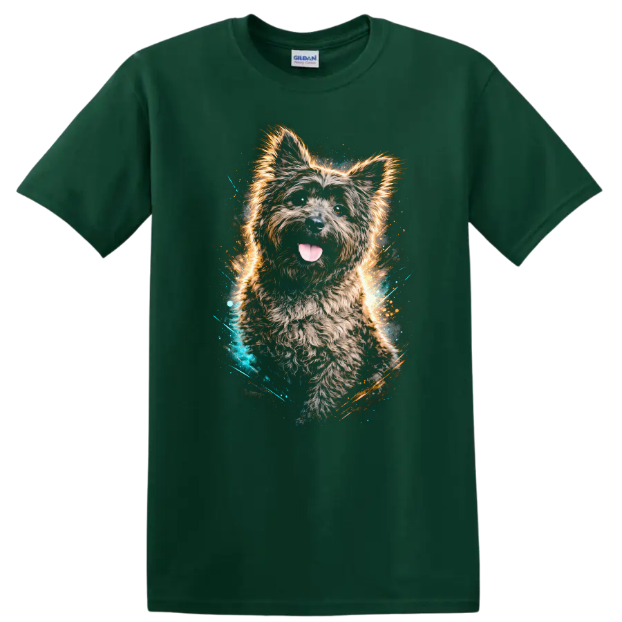 Fluffy Yorkie Dog Portrait Graphic T Shirt Colorful Neon Splash on a Forest Green T Shirt