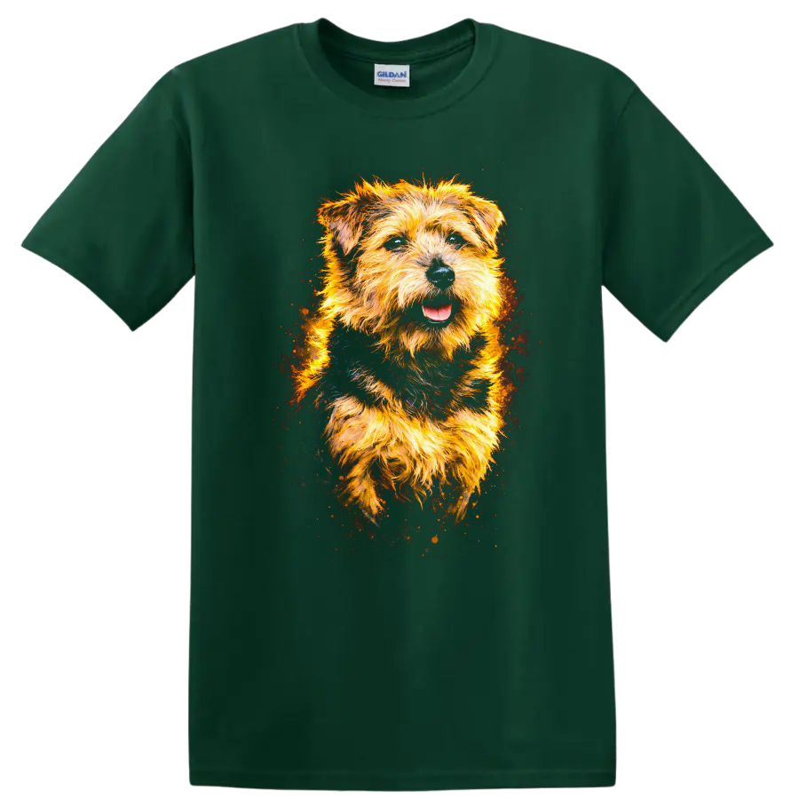 Glowing Terrier Dog Portrait T Shirt Vibrant Fire Art for Dog Lovers on a Forest Green T Shirt