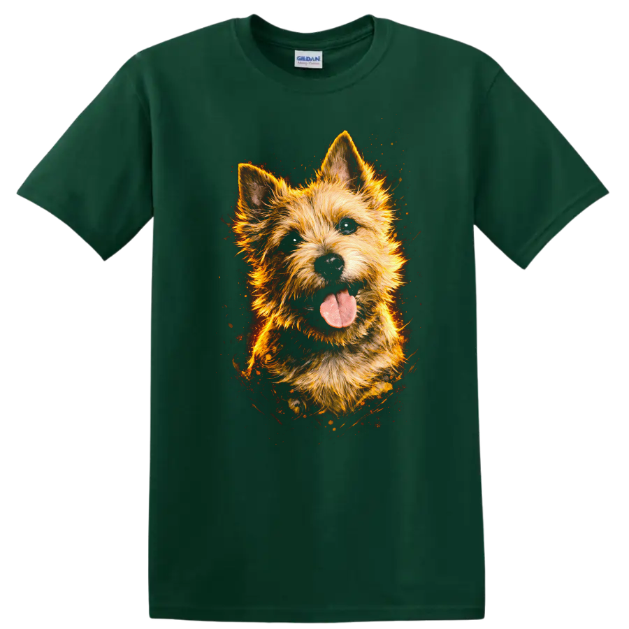 Flaming Yorkshire Terrier Dog Portrait T Shirt for Pet Lovers on a Forest Green T Shirt