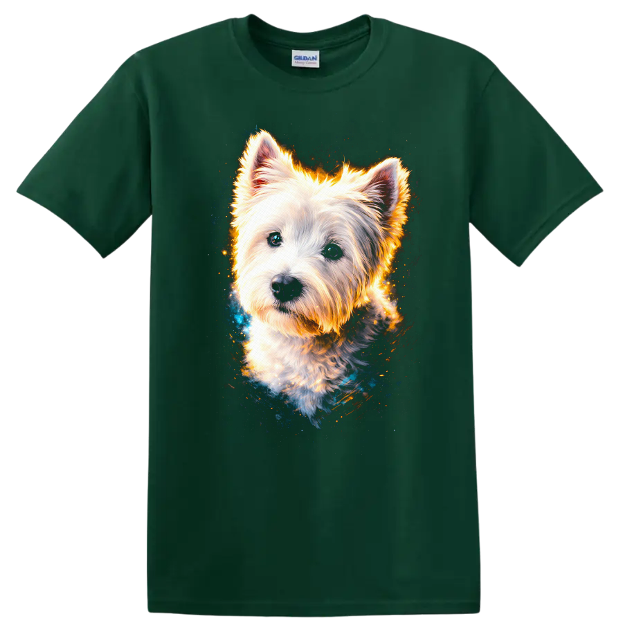 White West Highland Terrier Glow Portrait T Shirt for Dog Lovers on a Forest Green T Shirt