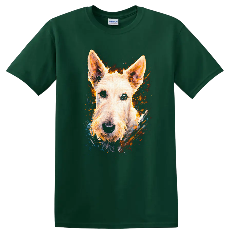 Colorful Terrier Dog Portrait Art T Shirt for Dog Lovers on a Forest Green T Shirt