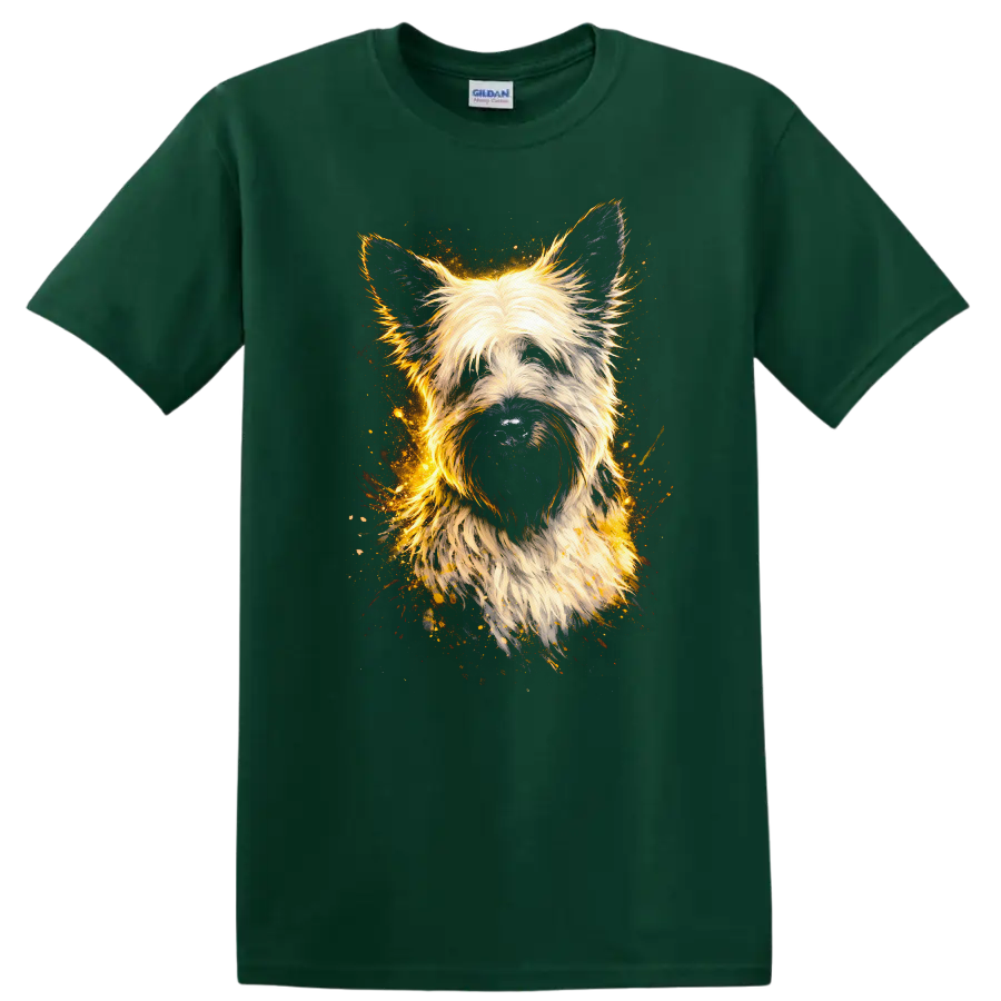 Fluffy Terrier Dog Portrait Artistic Fire Glow T Shirt on a Forest Green T Shirt
