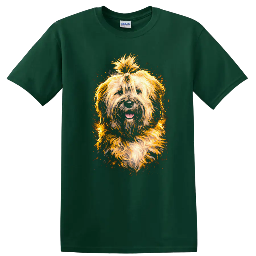 Fluffy Golden Shaggy Dog Portrait T Shirt for Dog Lovers on a Forest Green T Shirt