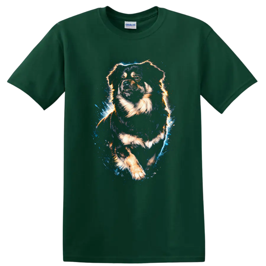 Fluffy Dog Art T Shirt, Vibrant Splash Portrait for Dog Lovers on a Forest Green T Shirt