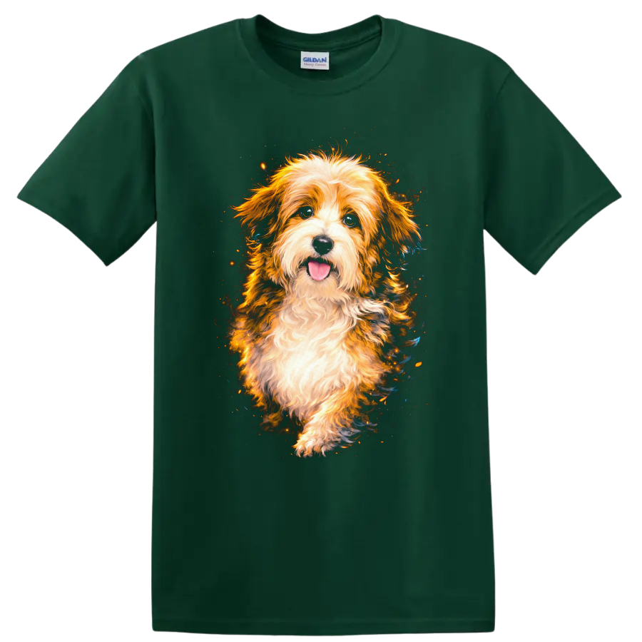 Fluffy Dog Portrait T Shirt Bright Colorful Pet Lover Graphic on a Forest Green T Shirt