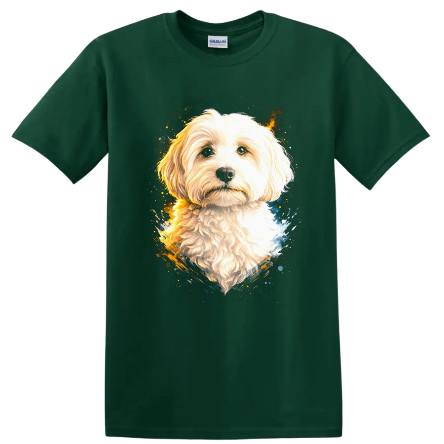 Fluffy White Dog Portrait Watercolor Splash T Shirt for Dog Lovers on a Forest Green T Shirt