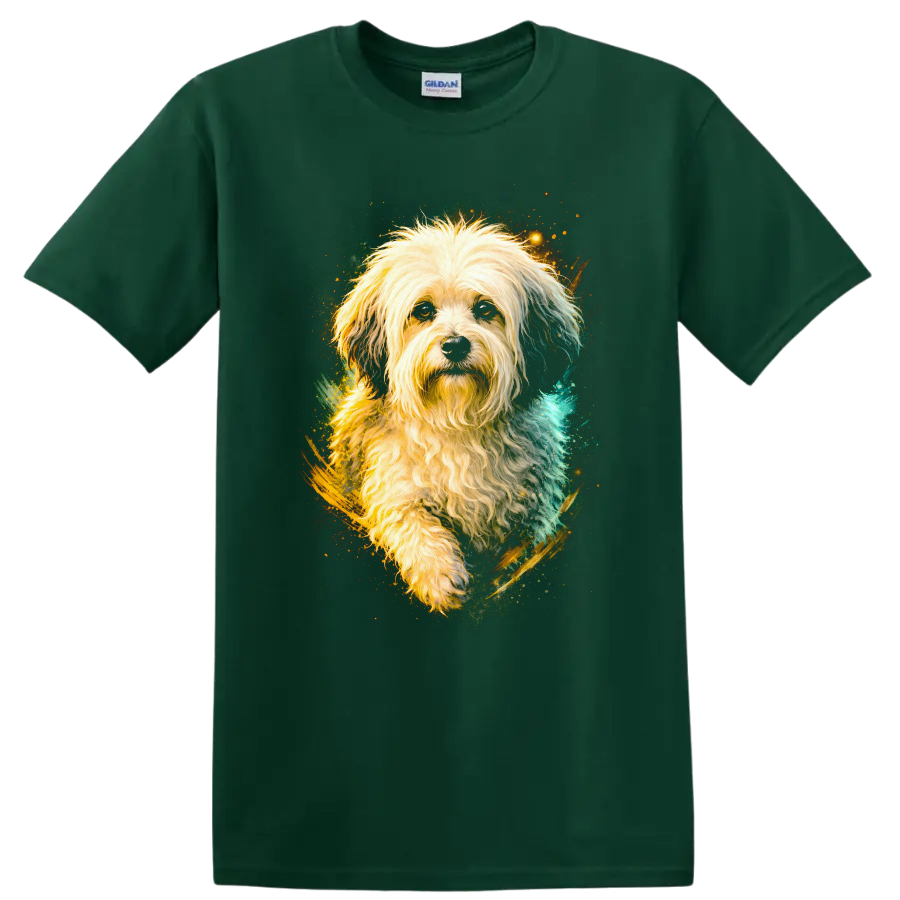 Fluffy Dog Portrait Art T Shirt for Dog Lovers Colorful Pet Graphic on a Forest Green T Shirt