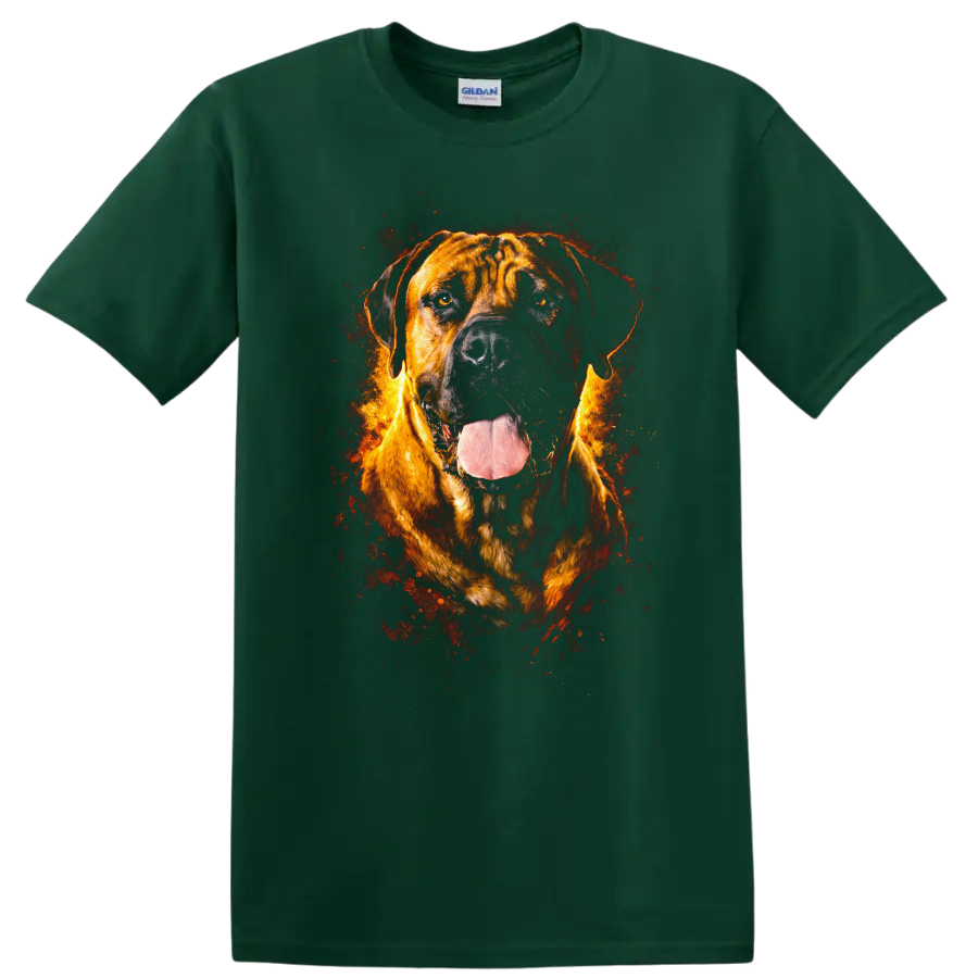 Fiery Mastiff Dog Portrait T Shirt for Dog Lovers on a Forest Green T Shirt