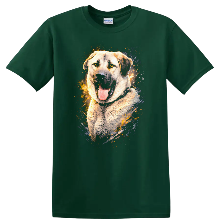 Loyal Dog Portrait Splash Art T Shirt for Breed Lovers on a Forest Green T Shirt