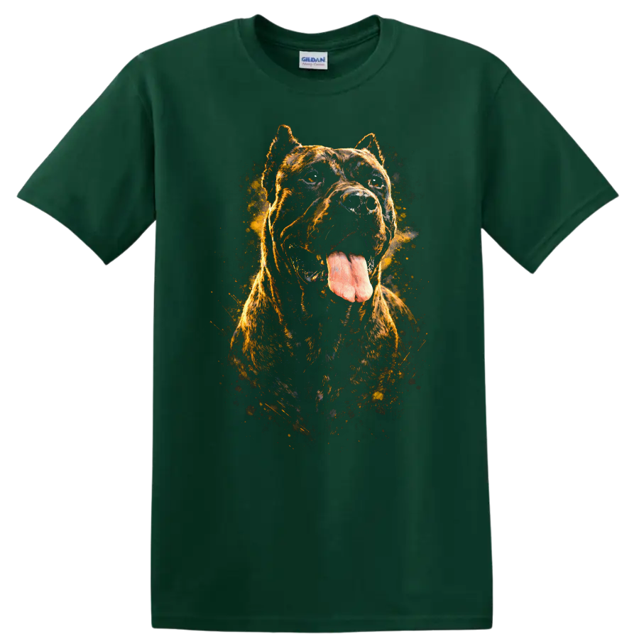 Cane Corso Dog Portrait T Shirt Fierce Brindle Splash Art on a Forest Green T Shirt