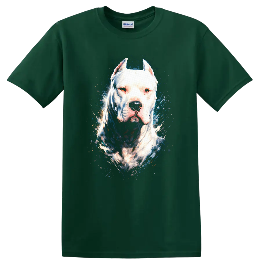 Blue Eyed White Pitbull Dog Portrait T Shirt for Dog Lovers on a Forest Green T Shirt
