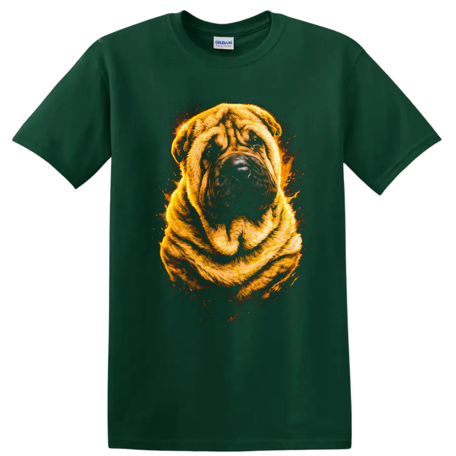 Flaming Bulldog Portrait T Shirt Fierce Dog Breed Art Graphic on a Forest Green T Shirt