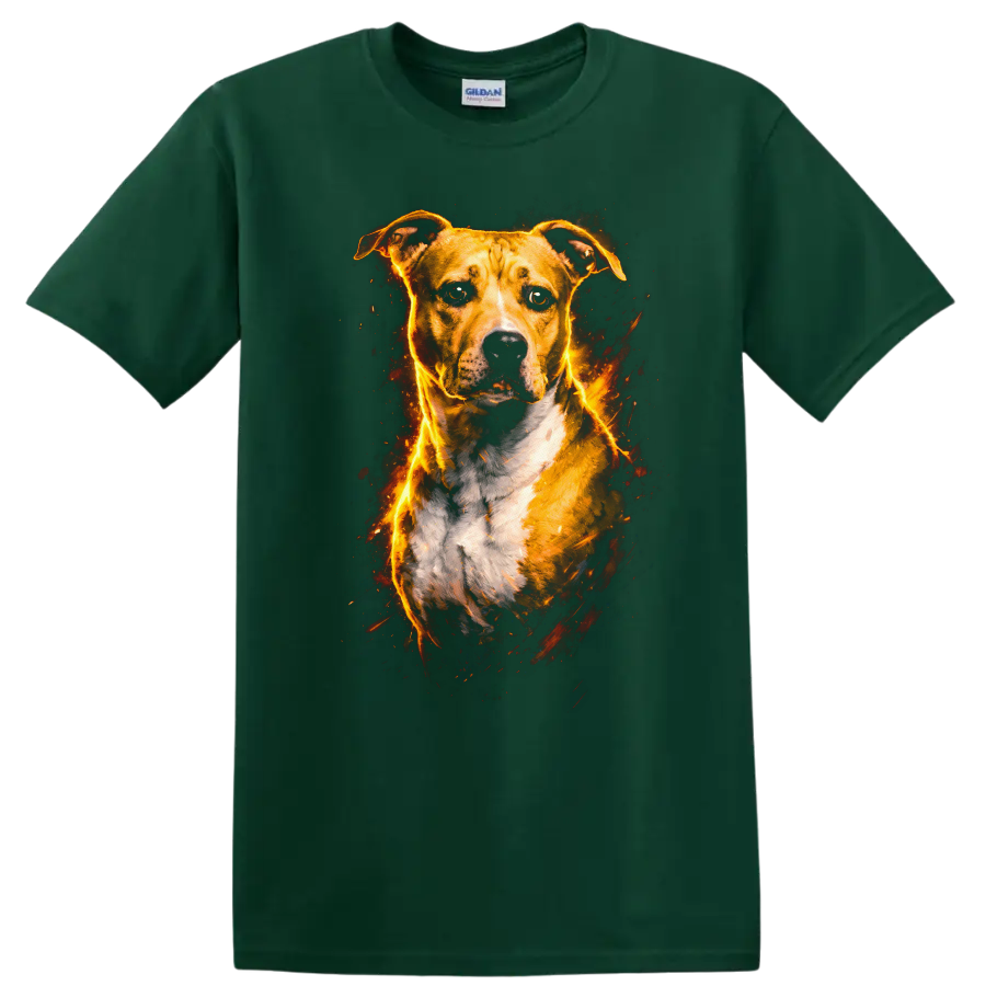 Fiery Pit Bull Dog Portrait Graphic T Shirt for Dog Lovers on a Forest Green T Shirt