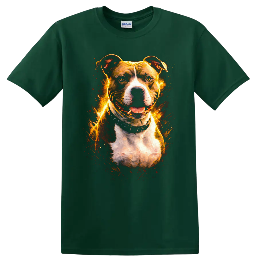 Pit Bull Dog Portrait Fire Glow T Shirt for Dog Lovers and Breed Fans on a Forest Green T Shirt