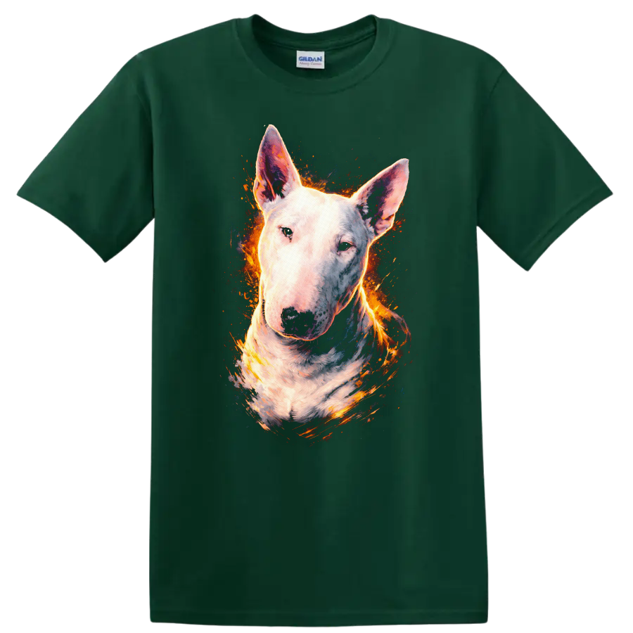 Bull Terrier Dog Portrait Splash Art T Shirt for Dog Lovers on a Forest Green T Shirt