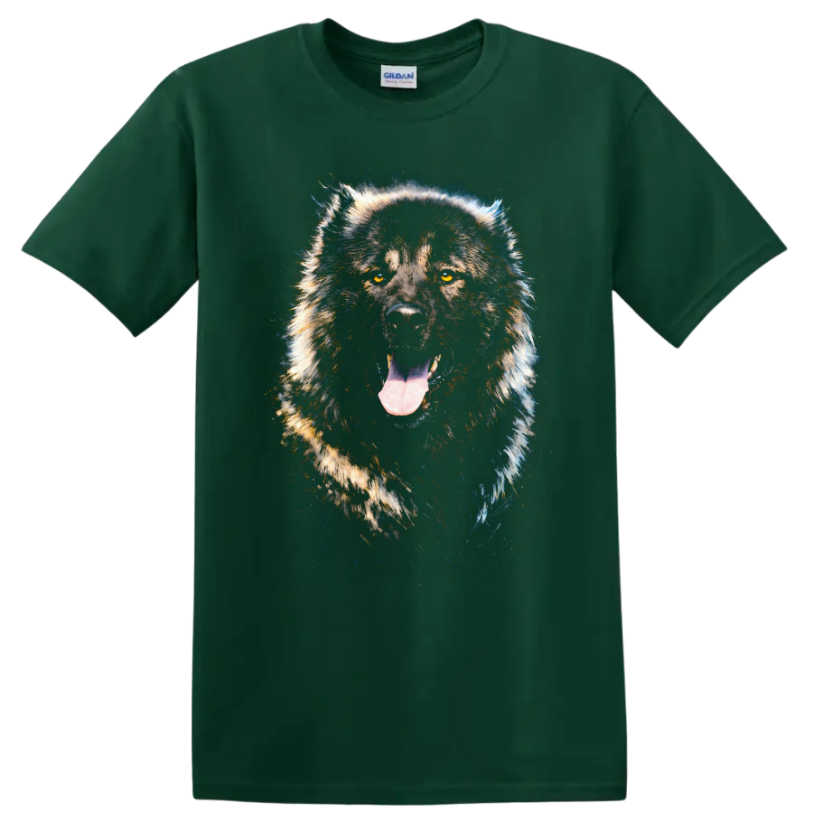 Majestic Wolf Portrait T Shirt for Dog Lovers Wildlife Graphic Tee on a Forest Green T Shirt