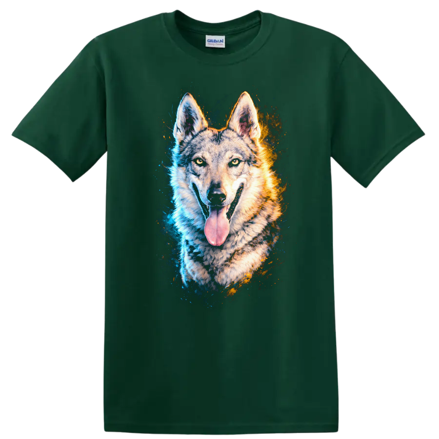 Blue and Orange Wolf Portrait Graphic T Shirt for Dog Lovers on a Forest Green T Shirt