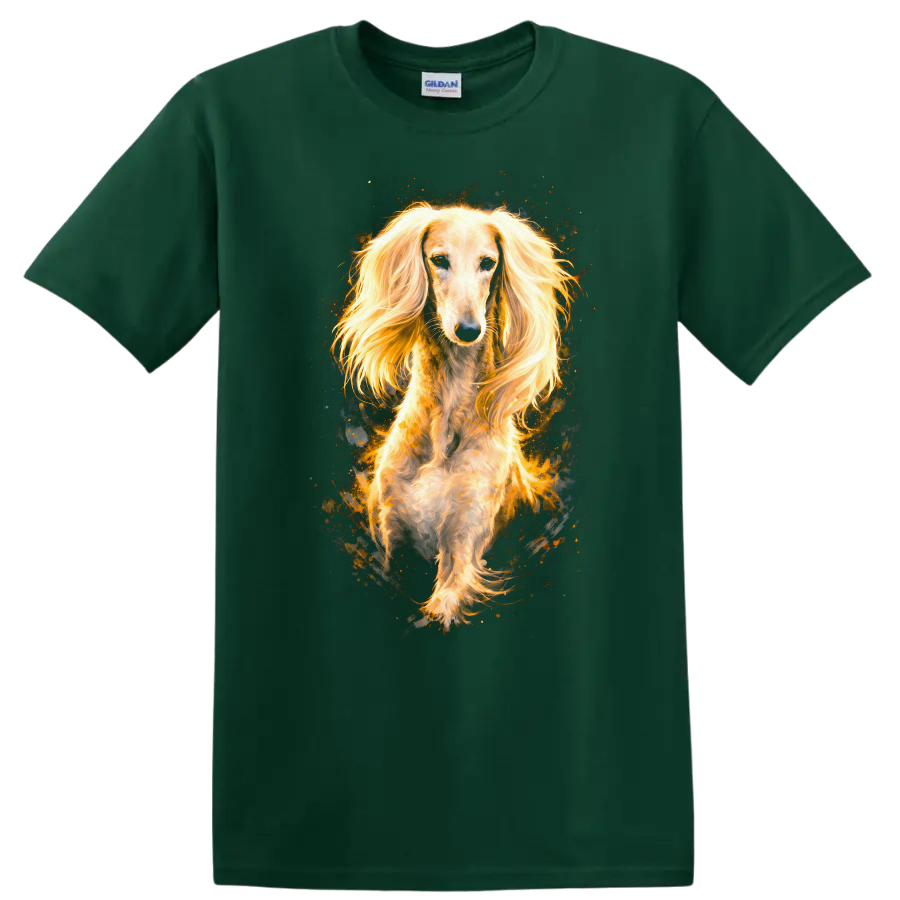 Golden Long Haired Dachshund Portrait T Shirt for Dog Lovers on a Forest Green T Shirt