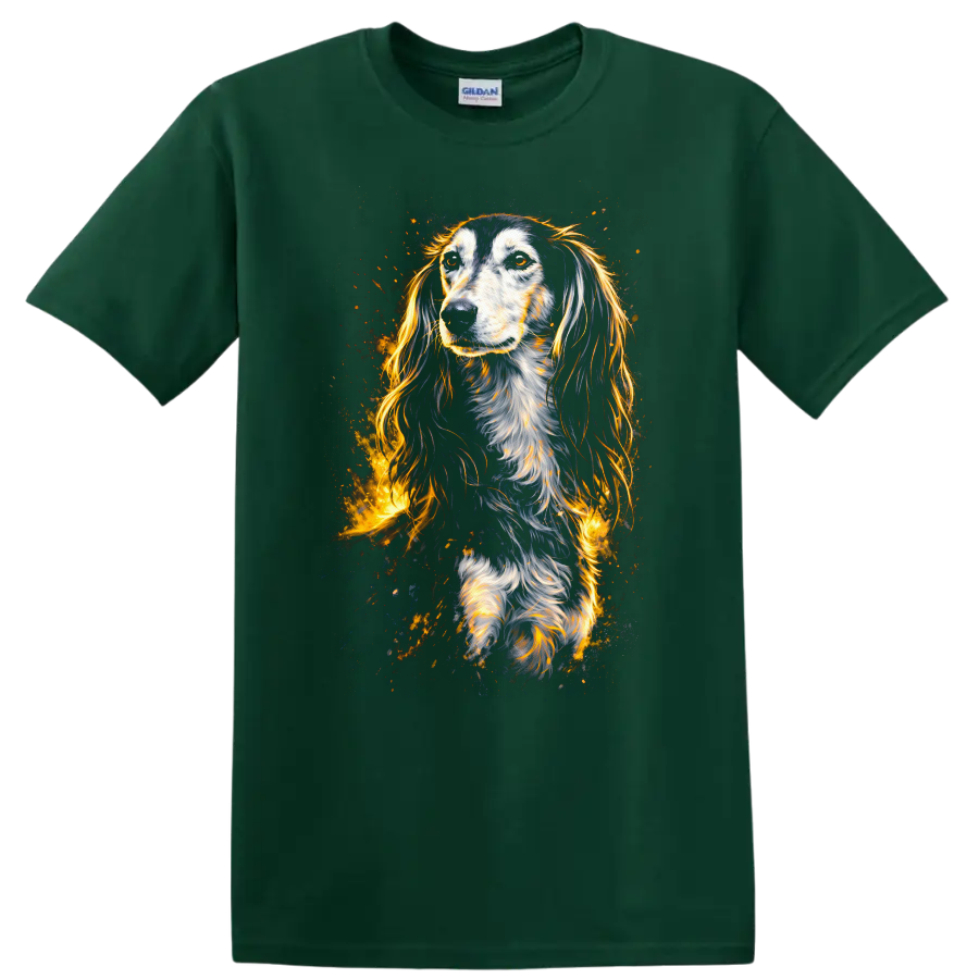 Glowing Long Haired Dog Portrait T Shirt for Dog Lovers - Forest Green