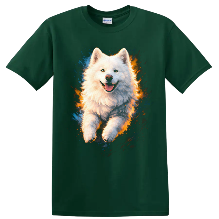 White Fluffy Dog Splash Art T Shirt for Dog Lovers - Forest Green