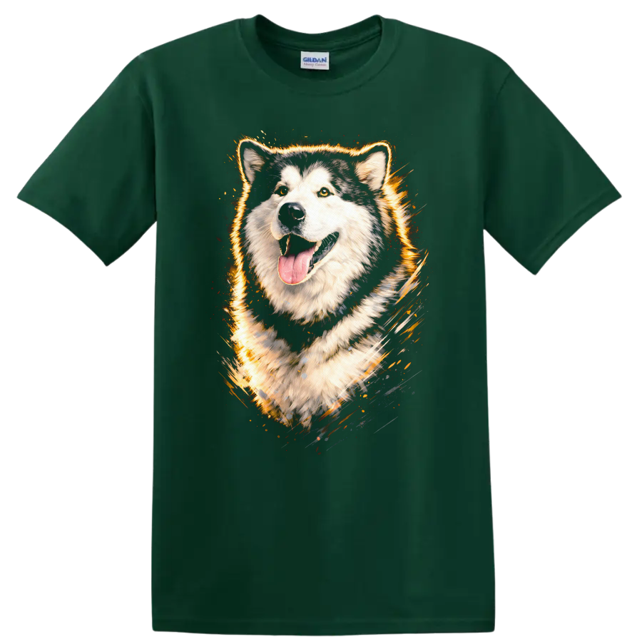 Flaming Husky Dog Portrait Graphic T Shirt for Dog Lovers on a Forest Green T Shirt