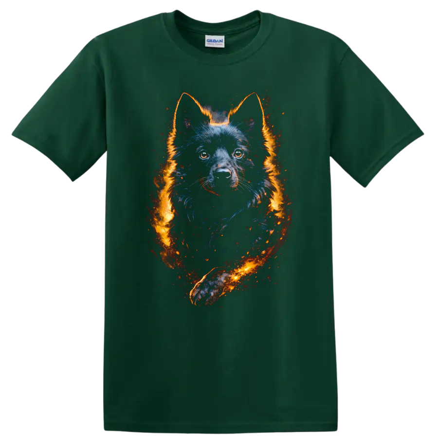 Wolf Dog Neon Flame Portrait T Shirt for Animal Lovers on a Forest Green T Shirt