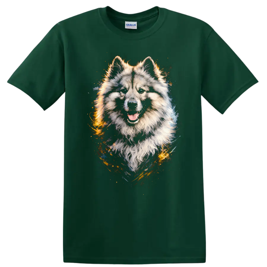Wolf Dog Portrait Splash Art T Shirt for Animal Lovers on a Forest Green T Shirt