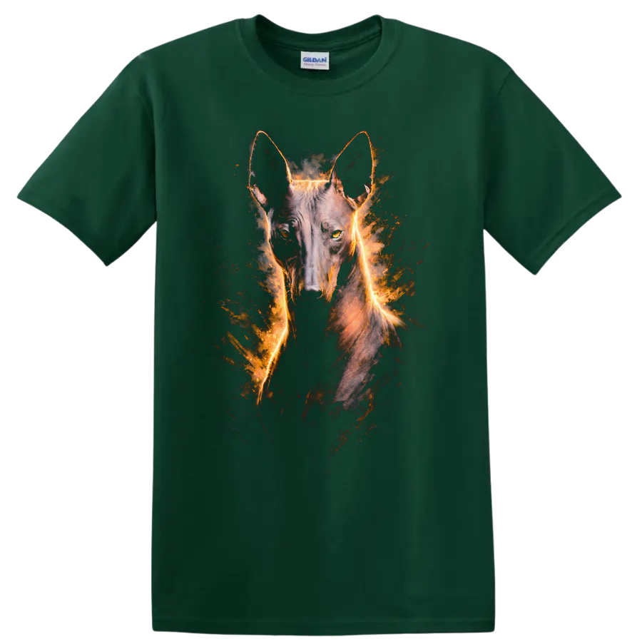 Belgian Malinois Dog Fire Glow Portrait T Shirt for Breed Lovers on a Forest Green T Shirt